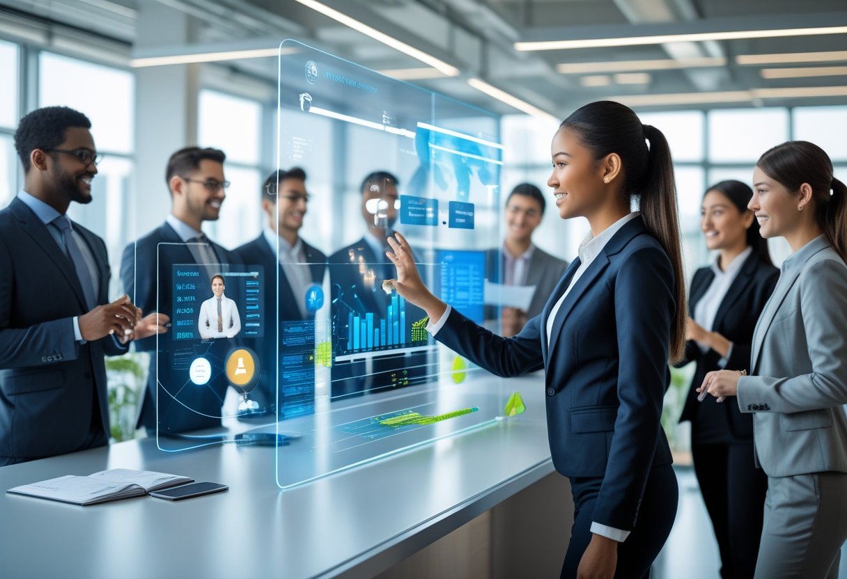 A group of business professionals in an office interacting with digital screens and virtual avatars during a sales training session using AI technology.