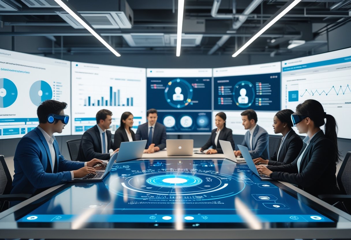 Business professionals collaborating around a digital touchscreen table with data visualizations and AI simulations in a modern office.