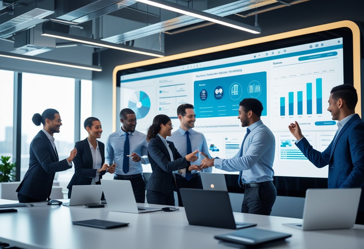 A group of sales professionals collaborating around a digital touchscreen displaying sales simulations in a modern office setting.