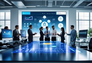 A group of professionals working together around digital screens displaying AI-driven hiring data in a modern office.