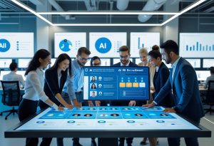 A diverse group of HR professionals working together in a modern office with digital screens displaying candidate data and AI recruitment tools.