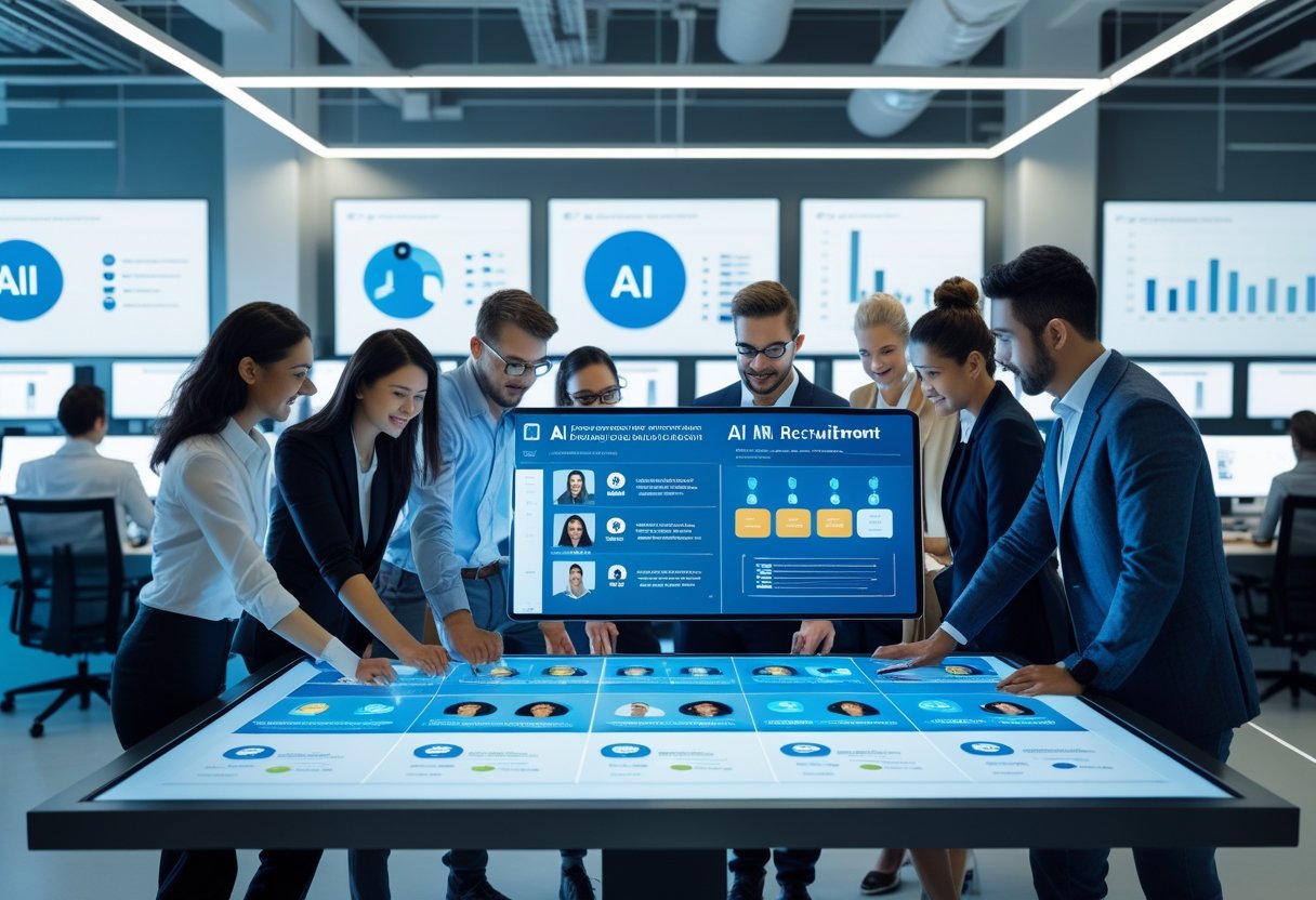 A diverse group of HR professionals working together in a modern office with digital screens displaying candidate data and AI recruitment tools.