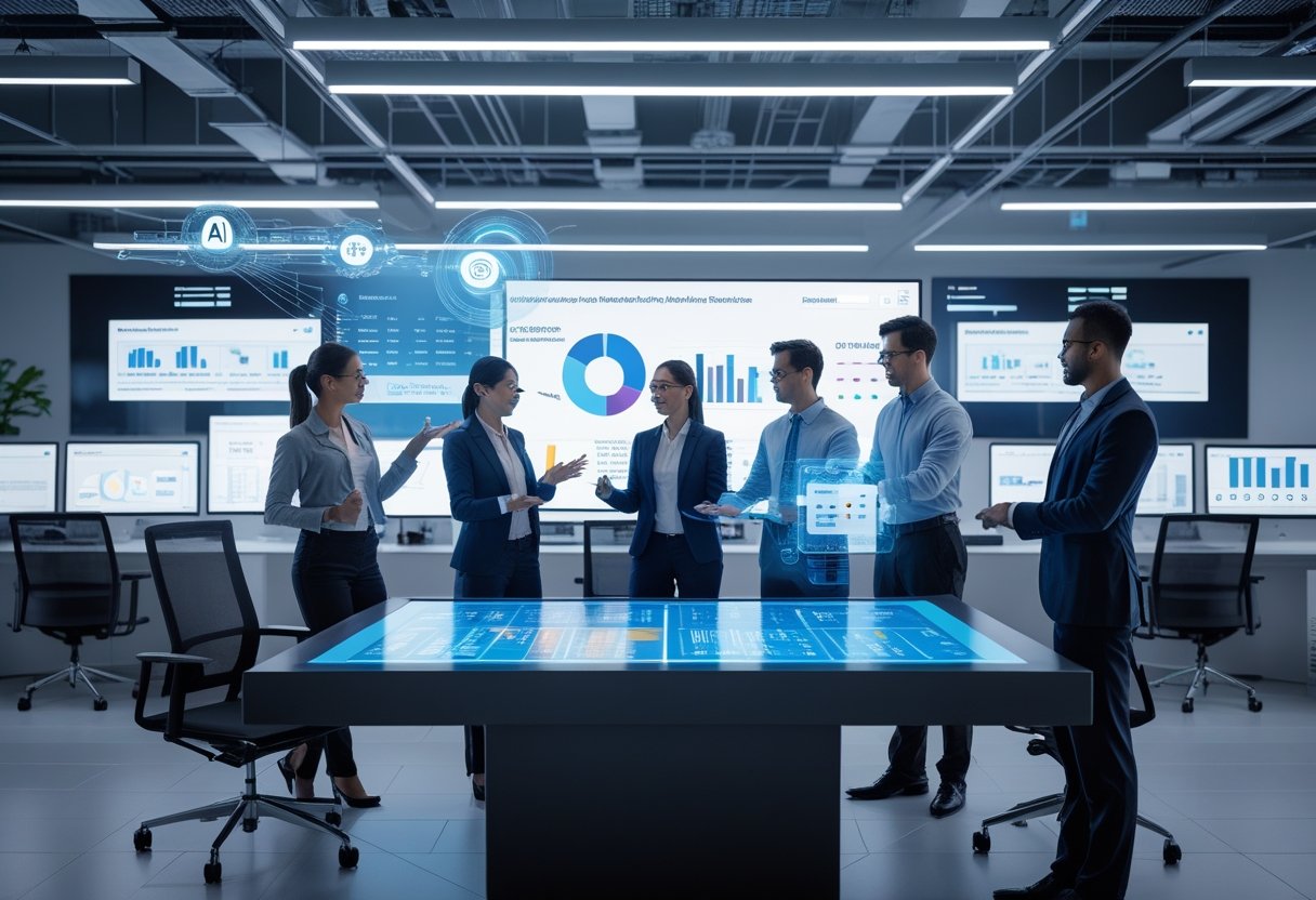 HR professionals working together around a digital touchscreen table with data and candidate profiles, surrounded by computer monitors displaying recruitment software in a modern office.