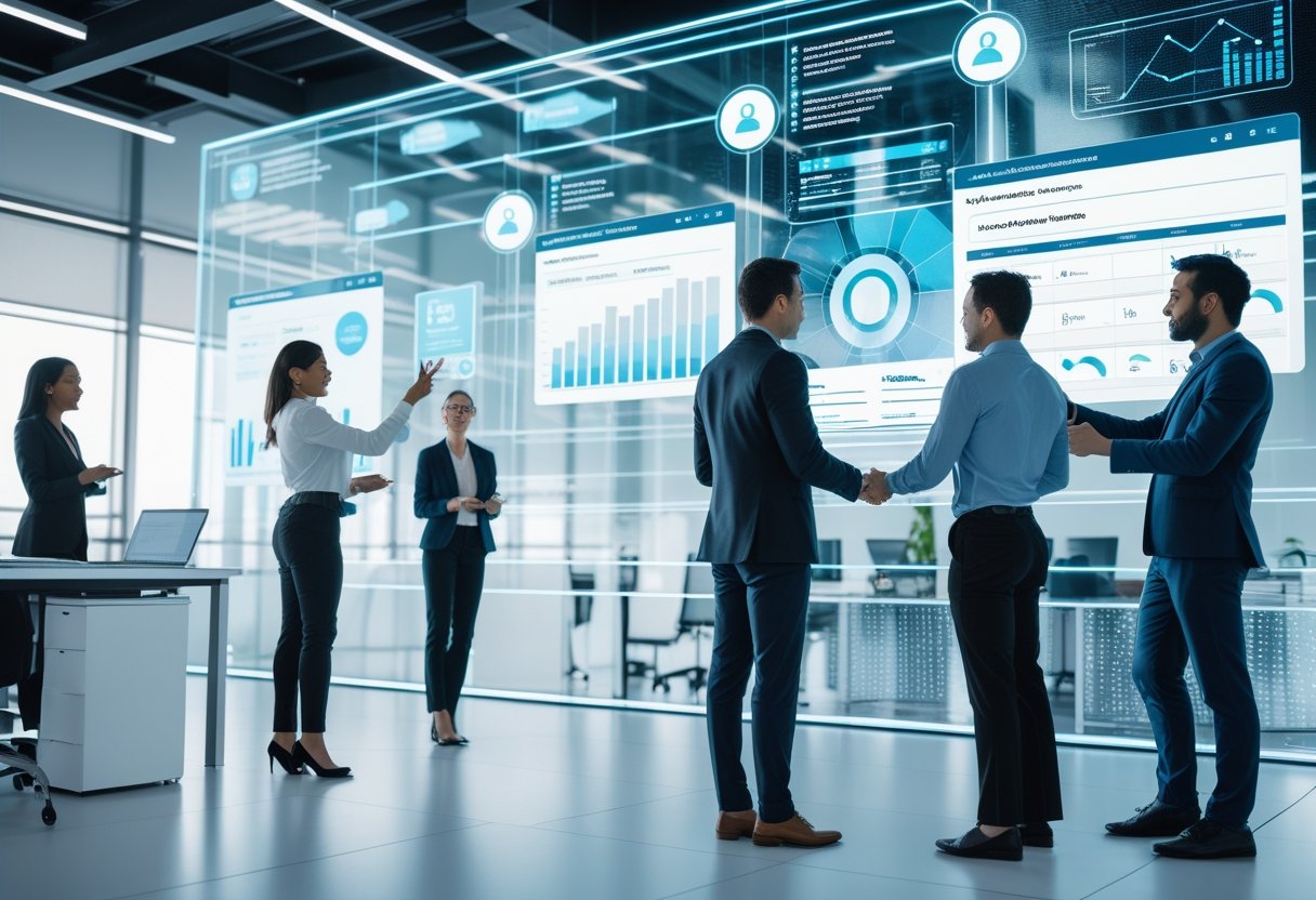 A group of diverse HR professionals using digital screens and holographic interfaces to review candidate data in a modern office setting.