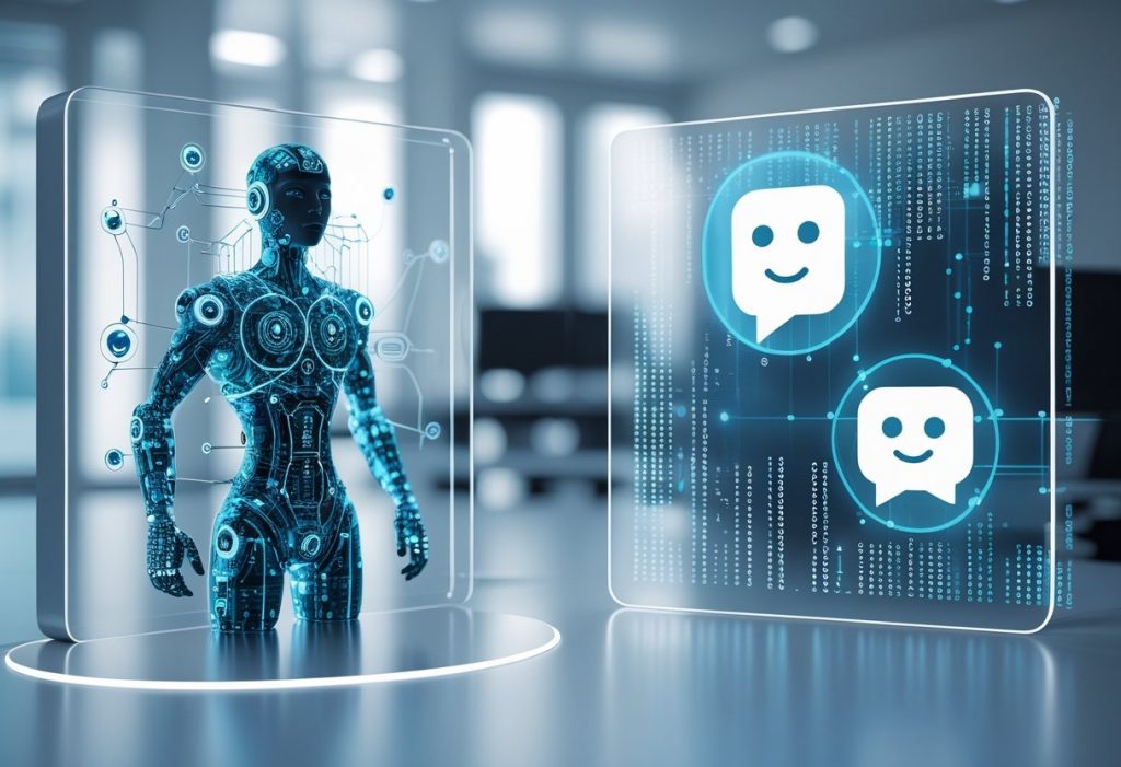 Two futuristic digital interfaces side by side, one showing a glowing humanoid figure representing an AI agent, and the other a chat bubble icon representing a chatbot, set in a modern office environment with floating data streams.