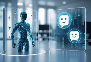 Two futuristic digital interfaces side by side, one showing a glowing humanoid figure representing an AI agent, and the other a chat bubble icon representing a chatbot, set in a modern office environment with floating data streams.