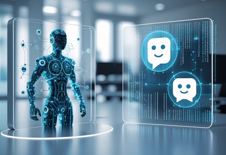 Two futuristic digital interfaces side by side, one showing a glowing humanoid figure representing an AI agent, and the other a chat bubble icon representing a chatbot, set in a modern office environment with floating data streams.
