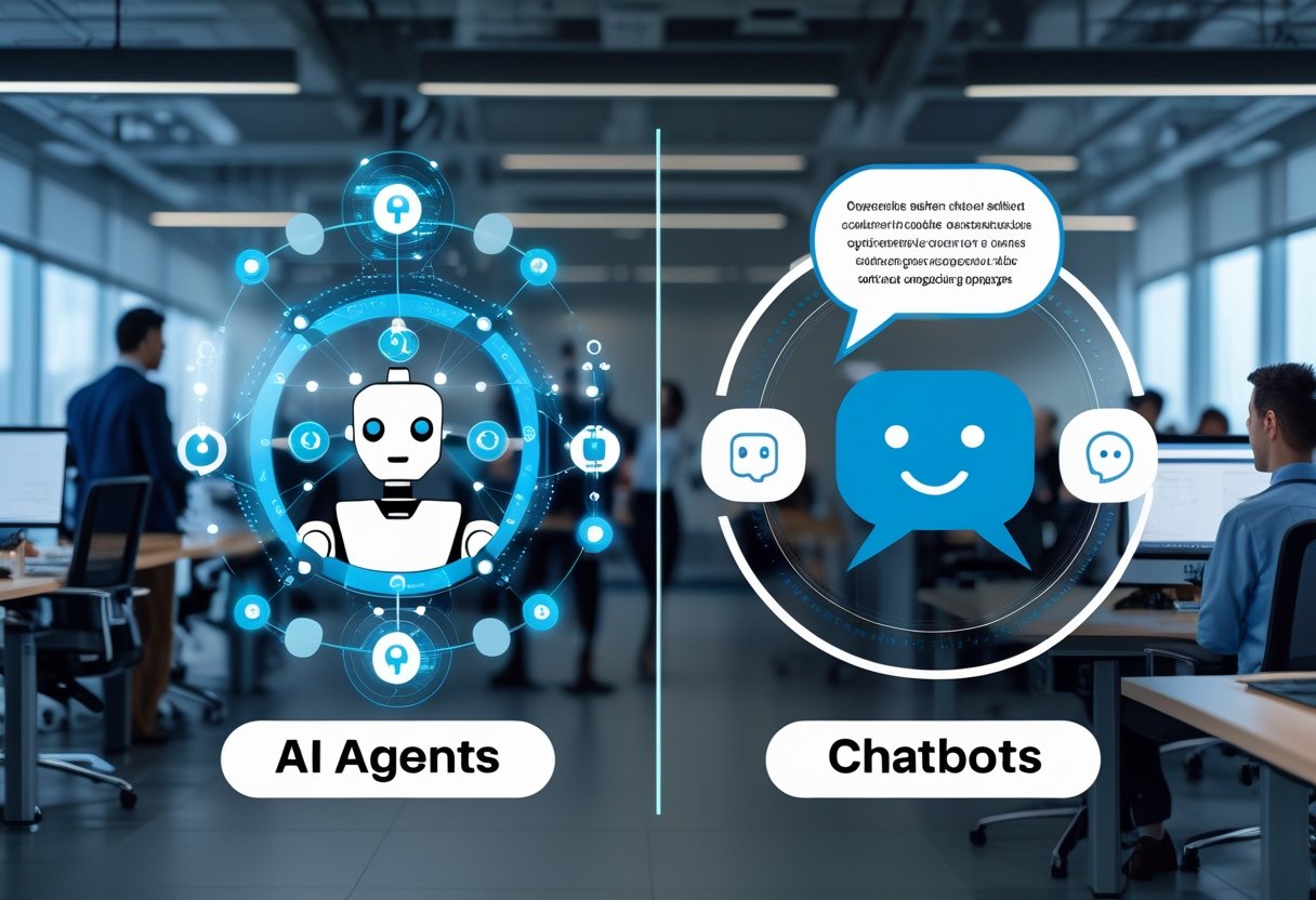 A modern office scene showing digital graphics that contrast AI agents with chatbots, featuring robotic icons and speech bubbles alongside professionals working with computers.