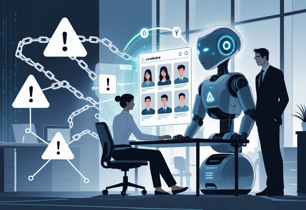 A recruiter at a desk looks concerned while interacting with an AI robot displaying candidate profiles, surrounded by symbols representing risks like bias, errors, privacy issues, and delays.
