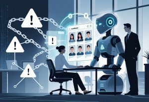 A recruiter at a desk looks concerned while interacting with an AI robot displaying candidate profiles, surrounded by symbols representing risks like bias, errors, privacy issues, and delays.