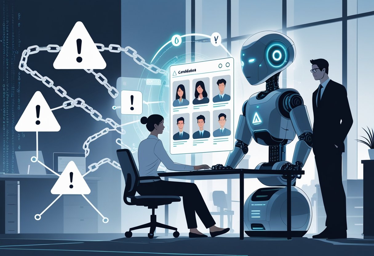 A recruiter at a desk looks concerned while interacting with an AI robot displaying candidate profiles, surrounded by symbols representing risks like bias, errors, privacy issues, and delays.