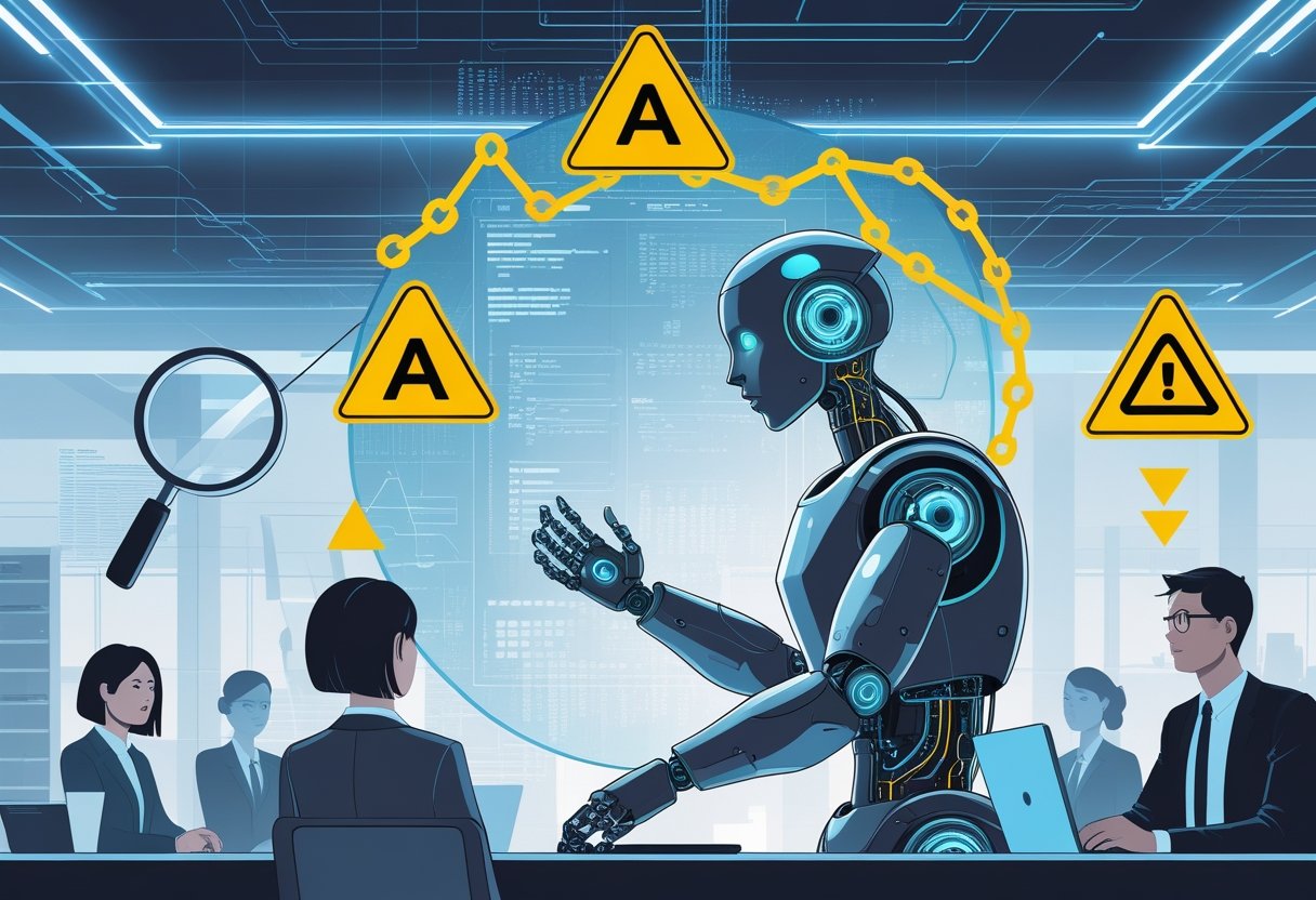 An AI robot interacting with human job candidates in an office, surrounded by symbols representing risks like bias, privacy concerns, errors, and ethical dilemmas.