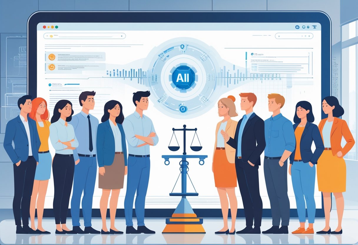A group of diverse job candidates facing a large digital AI recruiter interface with an uneven balance scale between them, symbolizing bias and fairness concerns in automated hiring.
