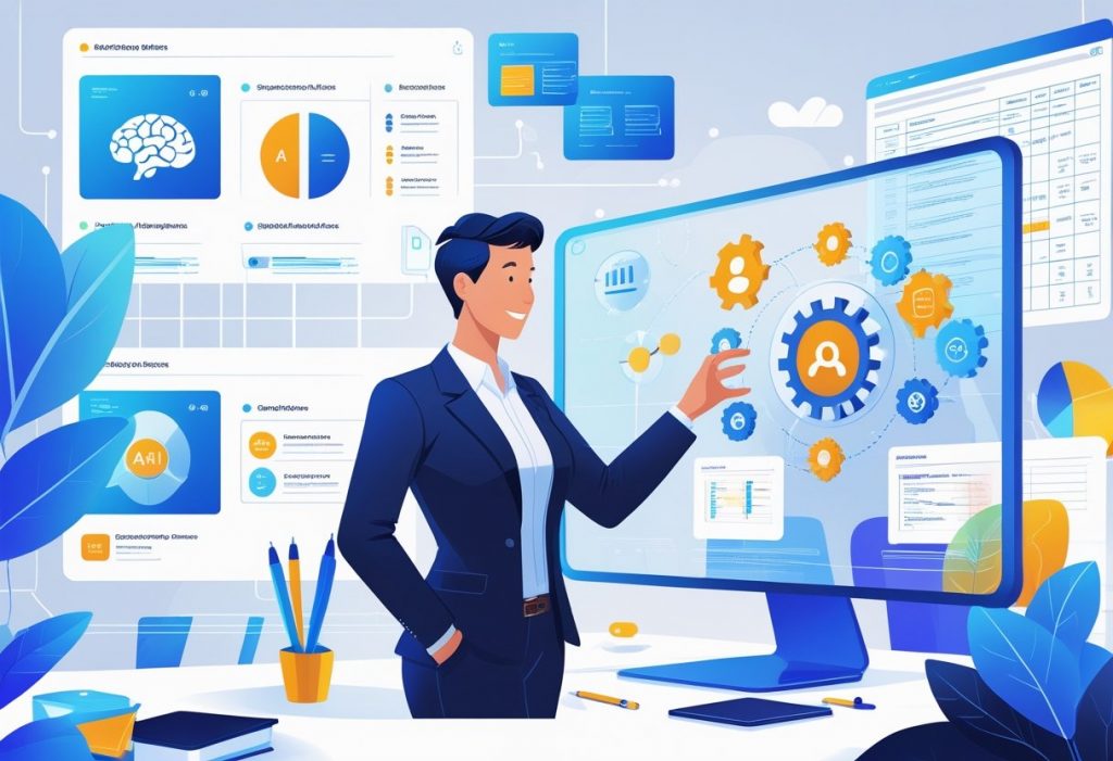 An HR professional interacts with a digital screen showing AI icons and HR-related elements in a modern office setting.