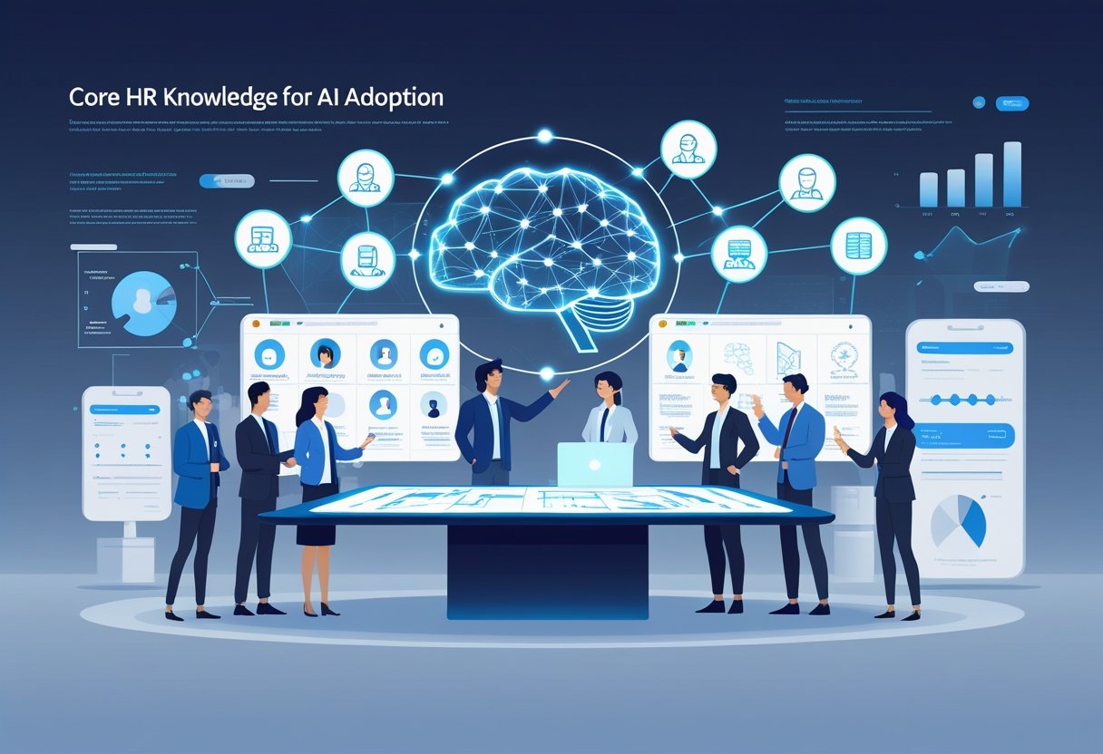 A group of HR professionals collaborating around a digital table with AI symbols and data visuals representing AI adoption in HR.
