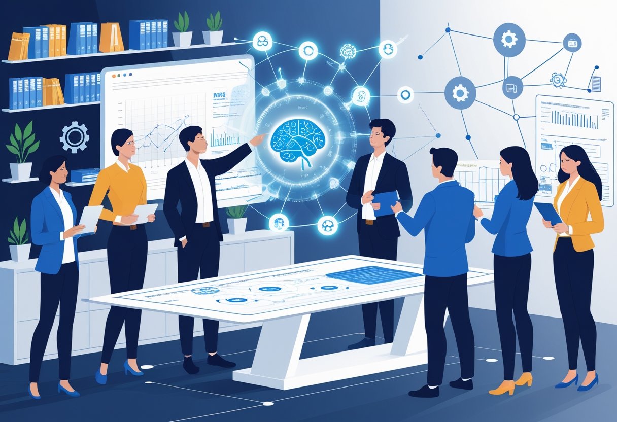A group of HR professionals working together around a digital table displaying AI data and holographic interfaces in a modern office setting.
