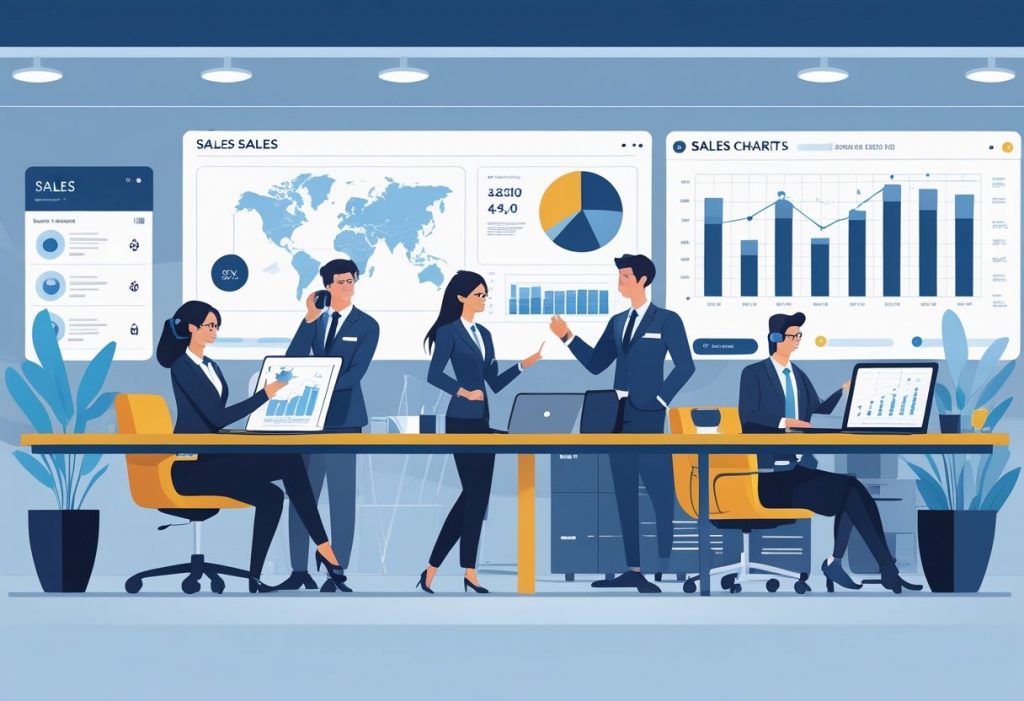 A group of sales professionals working together in an office, presenting products, making calls, and analyzing sales charts.