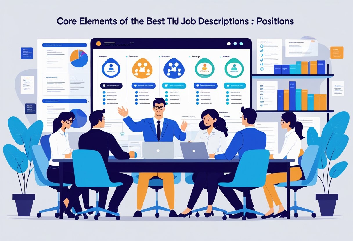 A group of professionals in an office meeting, discussing and reviewing key points on a large digital screen about sales job descriptions.
