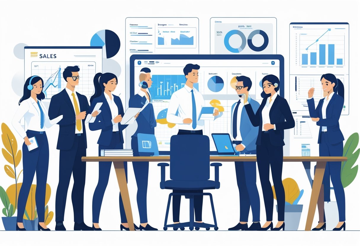 A group of business professionals in an office engaged in various sales activities, including presenting to clients, analyzing data, making phone calls, and collaborating around a table.