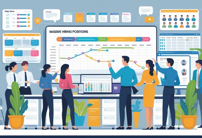 A team of HR professionals collaborating in an office with digital screens showing a hiring pipeline, conducting virtual interviews, and reviewing candidate profiles.