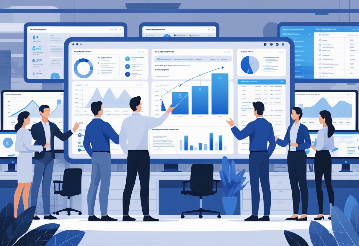 A group of HR professionals collaborating around a digital dashboard in a modern office, analyzing data and discussing strategies for large-scale hiring.