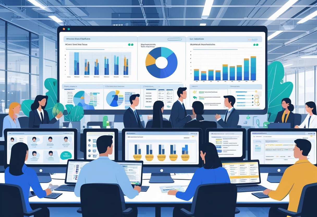 An office scene showing HR professionals working together with digital screens and computers to manage a large recruitment process.