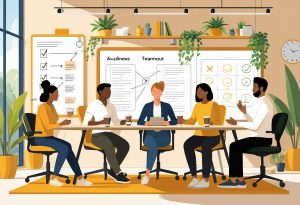 A diverse recruitment team working together in a bright office with plants, taking breaks, stretching, and practicing mindfulness to maintain well-being and avoid burnout.