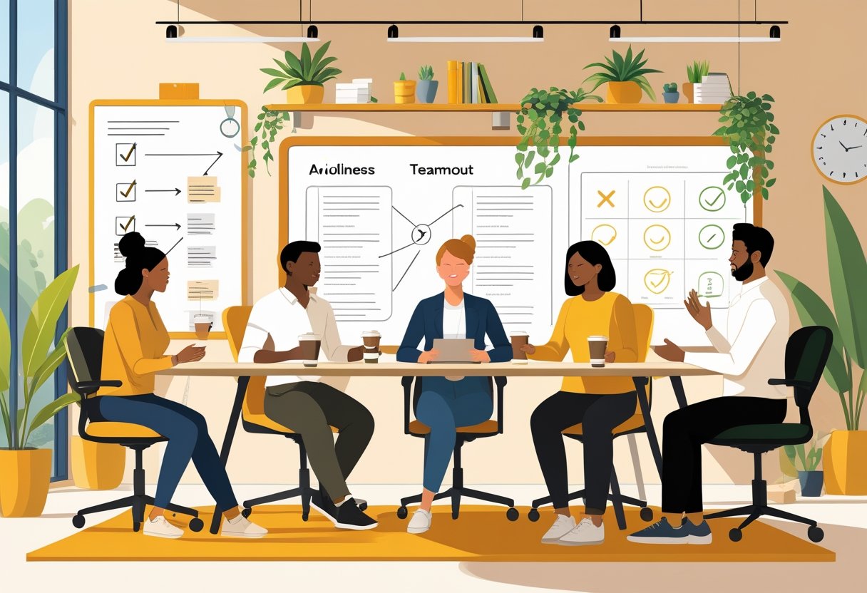 A diverse recruitment team working together in a bright office with plants, taking breaks, stretching, and practicing mindfulness to maintain well-being and avoid burnout.