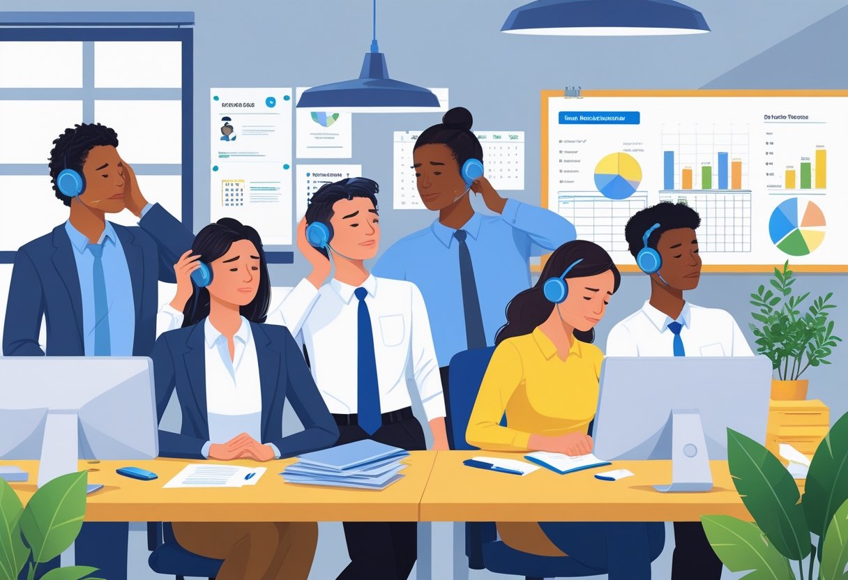A diverse recruitment team in an office, with one stressed person being comforted by a colleague and others taking breaks, showing support and teamwork.