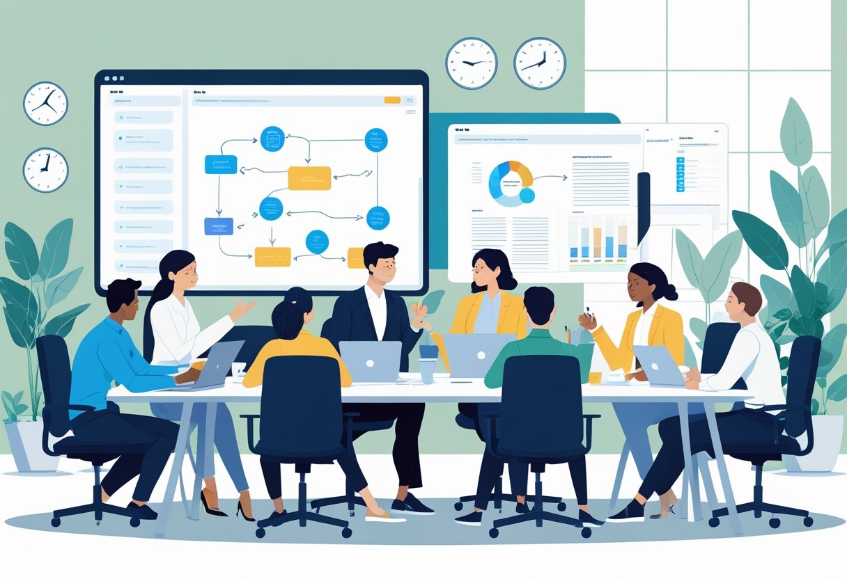 A diverse recruitment team collaborating around a table with laptops and documents in a bright, organized office focused on teamwork and preventing burnout.