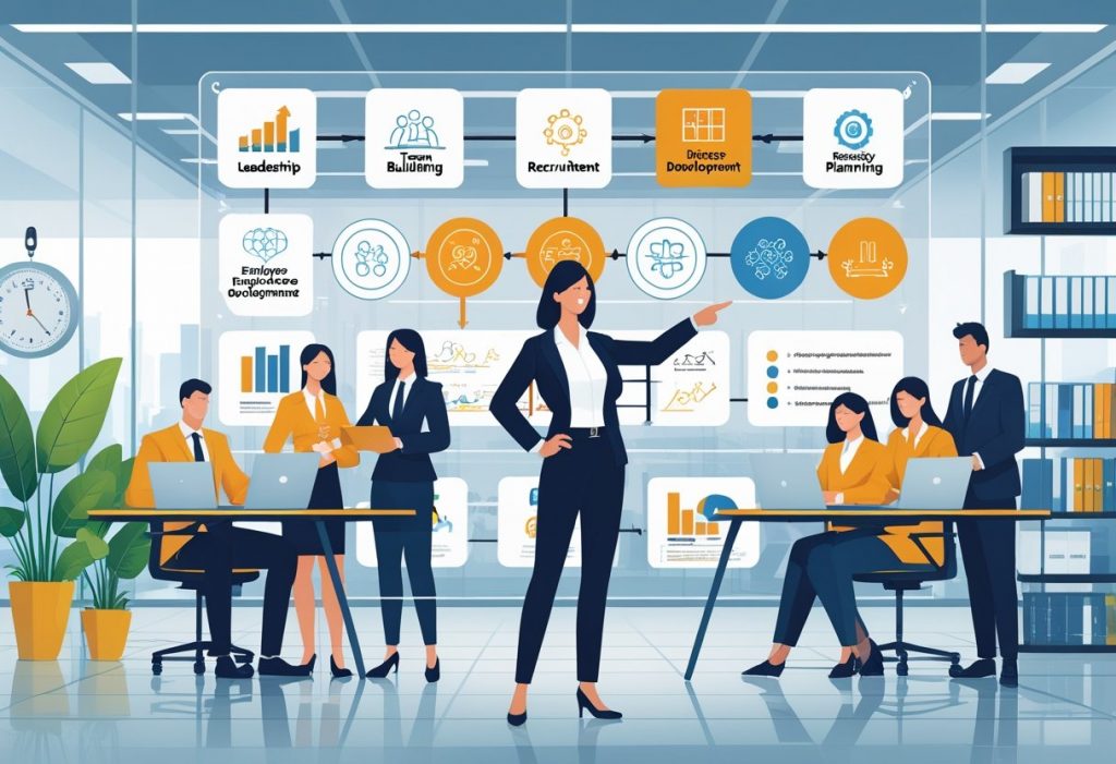 A confident businesswoman stands in a modern office pointing at a digital board with ten icons while diverse team members collaborate around her.