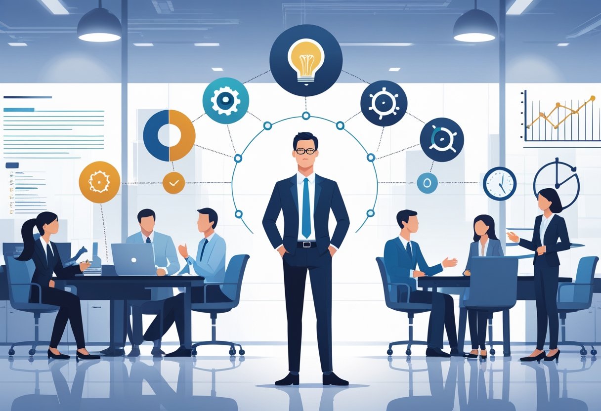 A Head of Talent stands confidently in a modern office surrounded by icons representing key elements of strategic talent acquisition, with diverse professionals collaborating in the background.