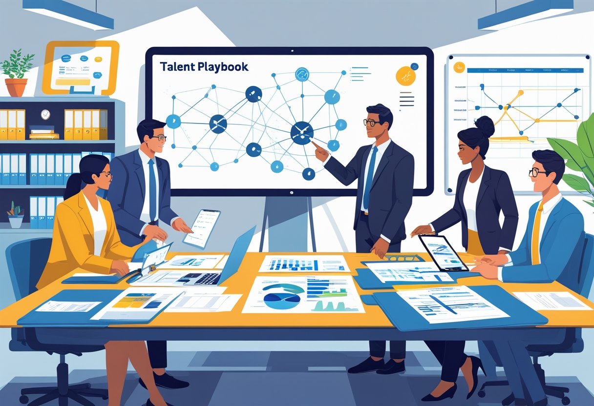 A diverse group of professionals collaborating around a table with charts and digital screens showing a talent strategy framework in a modern office.