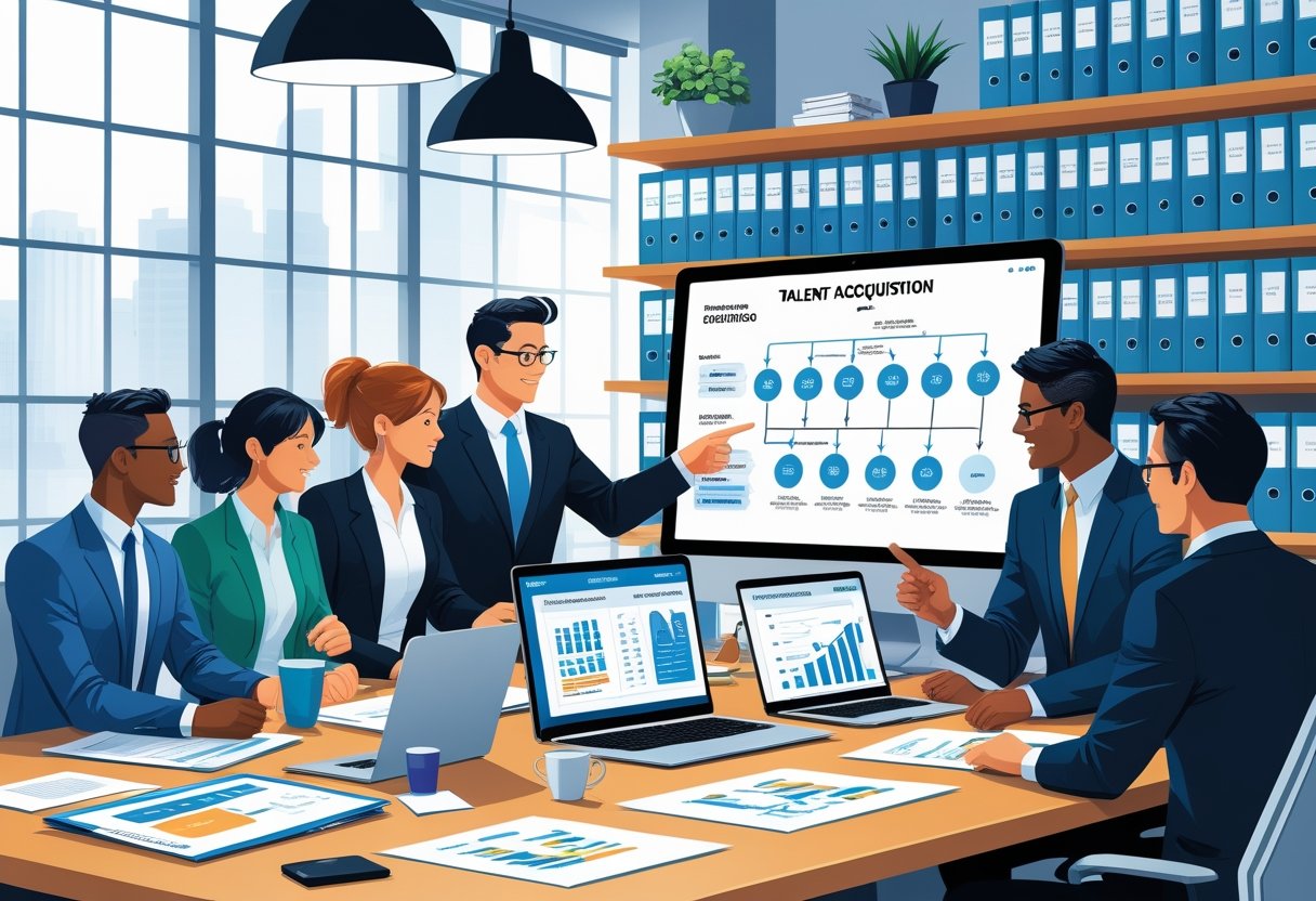 A diverse team of HR professionals collaborating around a table with documents and laptops, reviewing a talent acquisition workflow on a digital screen in an office setting.
