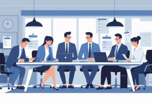 Six office professionals around a table demonstrating common mistakes during candidate screening, such as distraction, bias, rushing, and overlooking details.