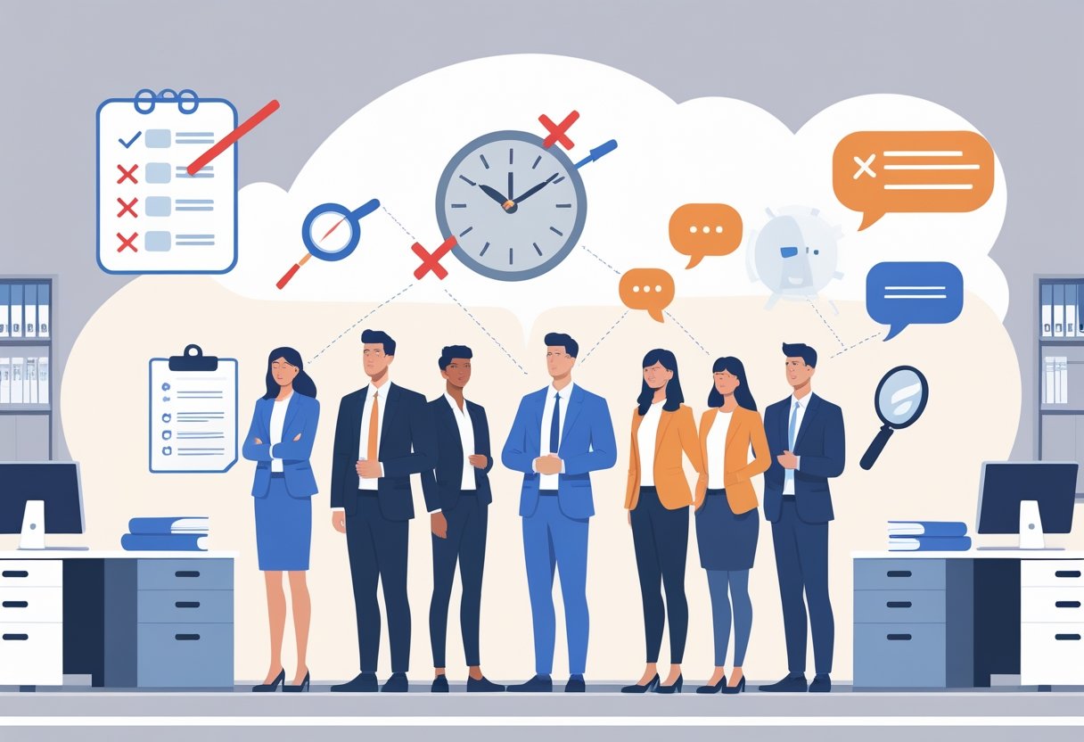 An office scene showing six candidates lined up with visual symbols representing common mistakes during candidate screening, including rushed decisions, overlooked details, unclear communication, and distractions.