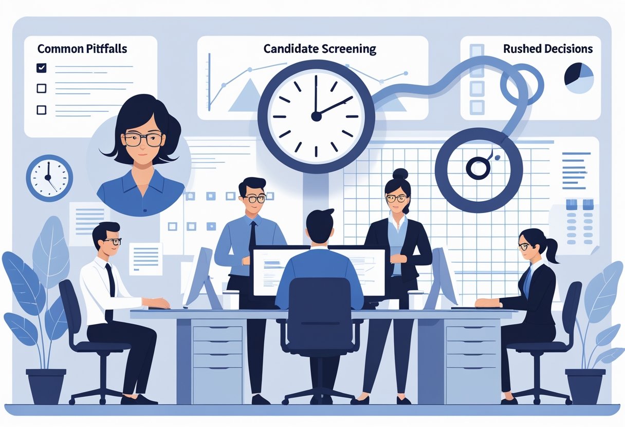 An office scene showing recruiters screening candidates with six visual elements representing mistakes to avoid, including confusion, bias, rushing, incomplete checks, overlooked qualifications, and poor communication.
