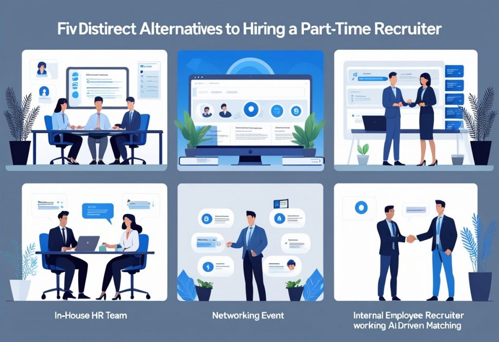 An office scene showing five different ways to find candidates: a team reviewing resumes, a computer with hiring software, people networking, a remote recruiter working, and an employee receiving a referral reward.