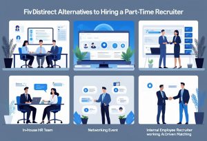 An office scene showing five different ways to find candidates: a team reviewing resumes, a computer with hiring software, people networking, a remote recruiter working, and an employee receiving a referral reward.