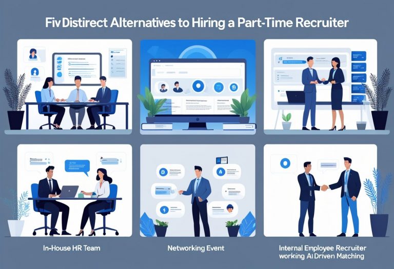 An office scene showing five different ways to find candidates: a team reviewing resumes, a computer with hiring software, people networking, a remote recruiter working, and an employee receiving a referral reward.