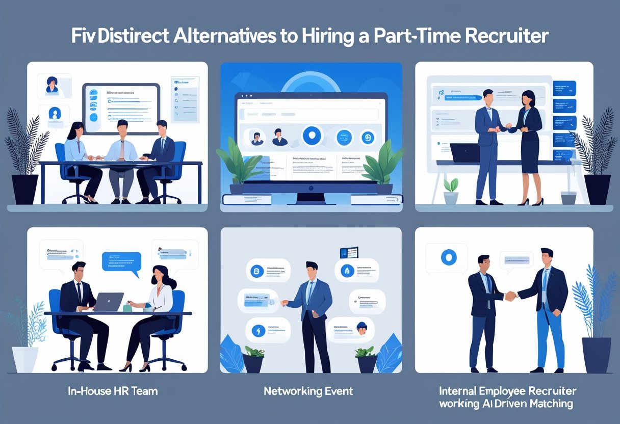 An office scene showing five different ways to find candidates: a team reviewing resumes, a computer with hiring software, people networking, a remote recruiter working, and an employee receiving a referral reward.