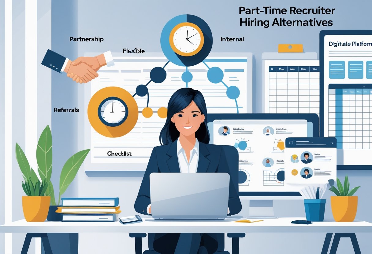 A businesswoman at a desk reviewing resumes with five icons around her representing different hiring alternatives in a bright office setting.