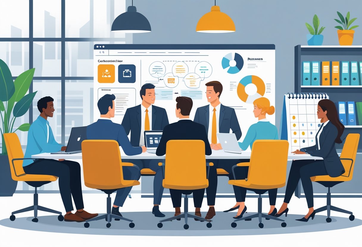 Five businesspeople collaborating around a conference table with symbols of different recruitment methods in a bright office setting.