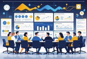 A diverse group of HR and talent team members collaborating around a conference table in a modern office with digital screens showing charts and graphs related to employee growth and recruitment.