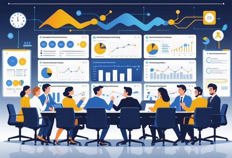 A diverse group of HR and talent team members collaborating around a conference table in a modern office with digital screens showing charts and graphs related to employee growth and recruitment.