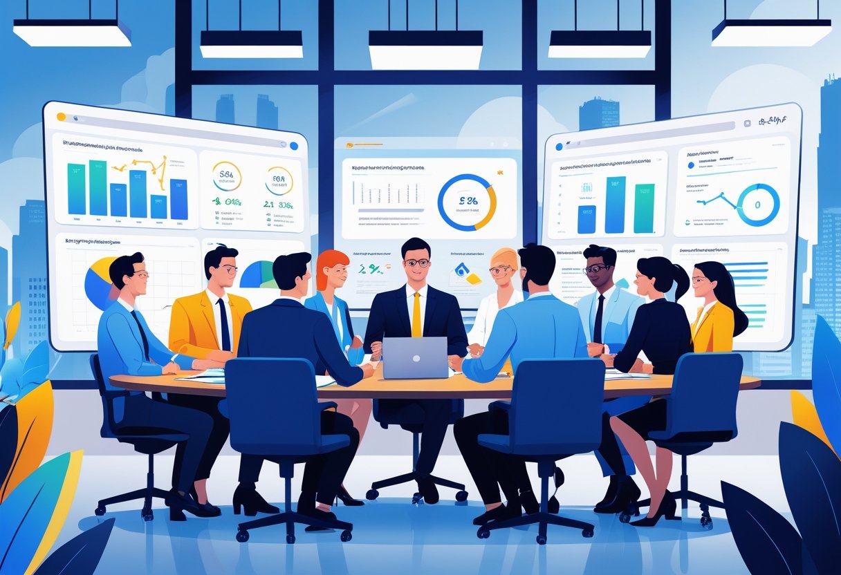 A group of business and HR professionals collaborating around a conference table with charts and digital screens showing growth and talent data in a modern office.