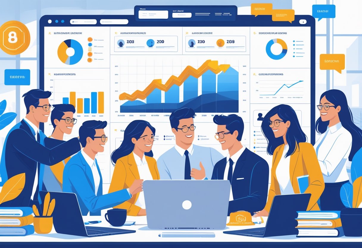 A group of HR and talent team members collaborating in a modern office with digital dashboards and employees brainstorming in the background.