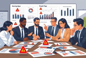 A group of business people in a meeting room discussing documents and charts with red warning signs, indicating problems in their people strategy.