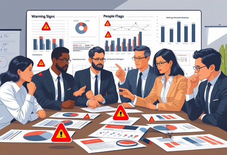 A group of business people in a meeting room discussing documents and charts with red warning signs, indicating problems in their people strategy.