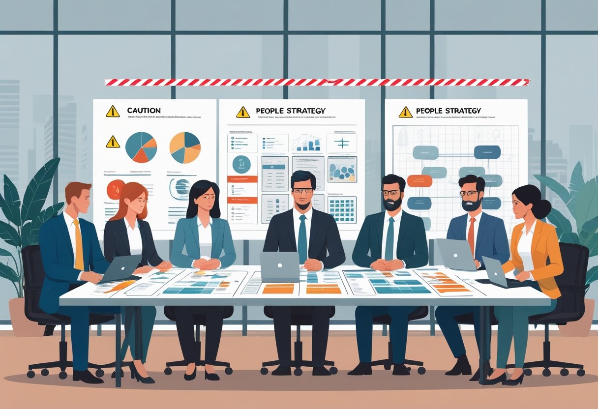 A group of business professionals in an office discussing challenges, with red flags and warning symbols subtly displayed around them.